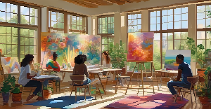 A group of people participating in an art therapy session in a bright room filled with colorful artwork and natural light, engaged in creative activities.
