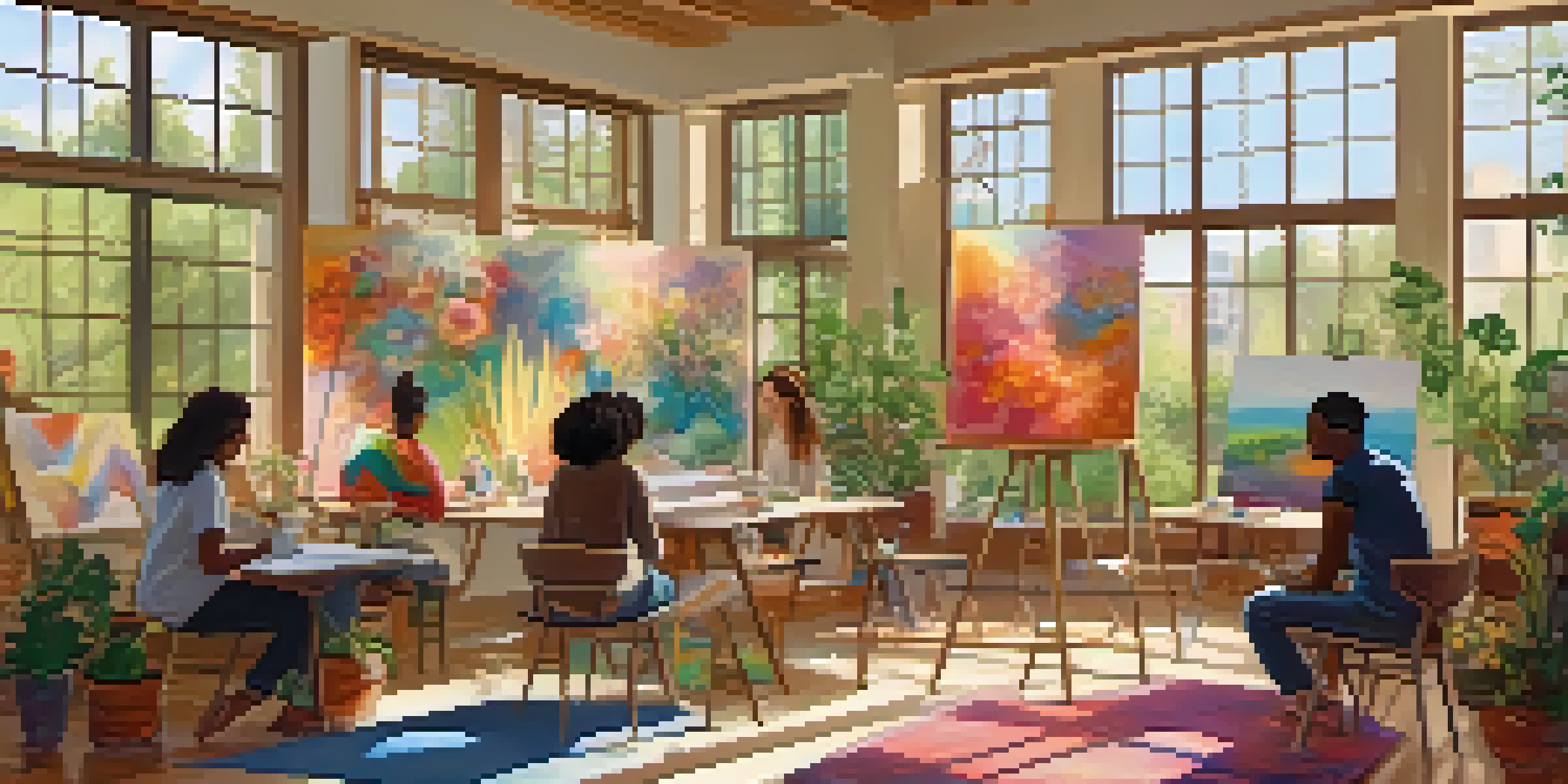 A group of people participating in an art therapy session in a bright room filled with colorful artwork and natural light, engaged in creative activities.