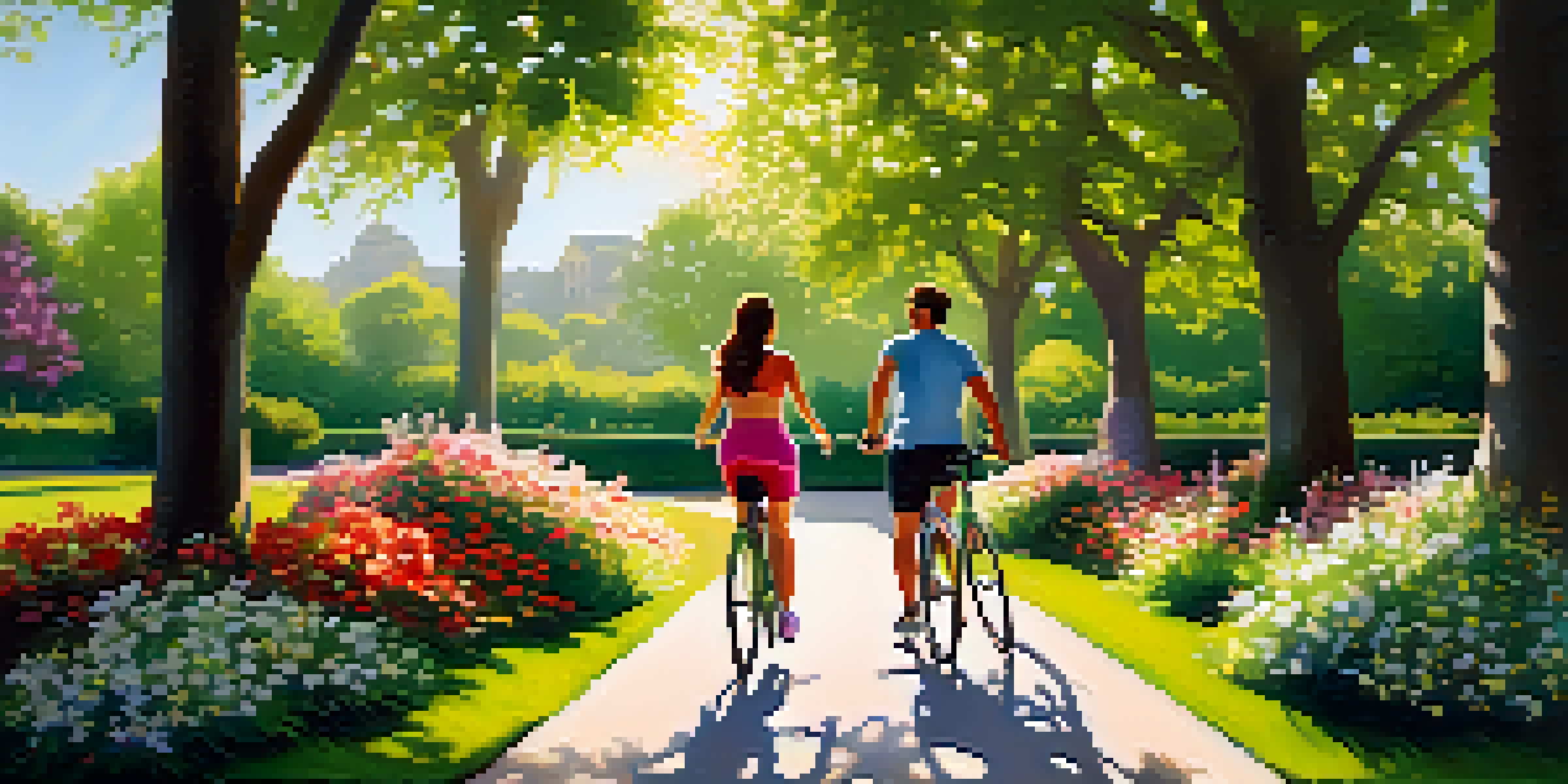 A couple exercising in a green park under soft sunlight, surrounded by flowers and trees.