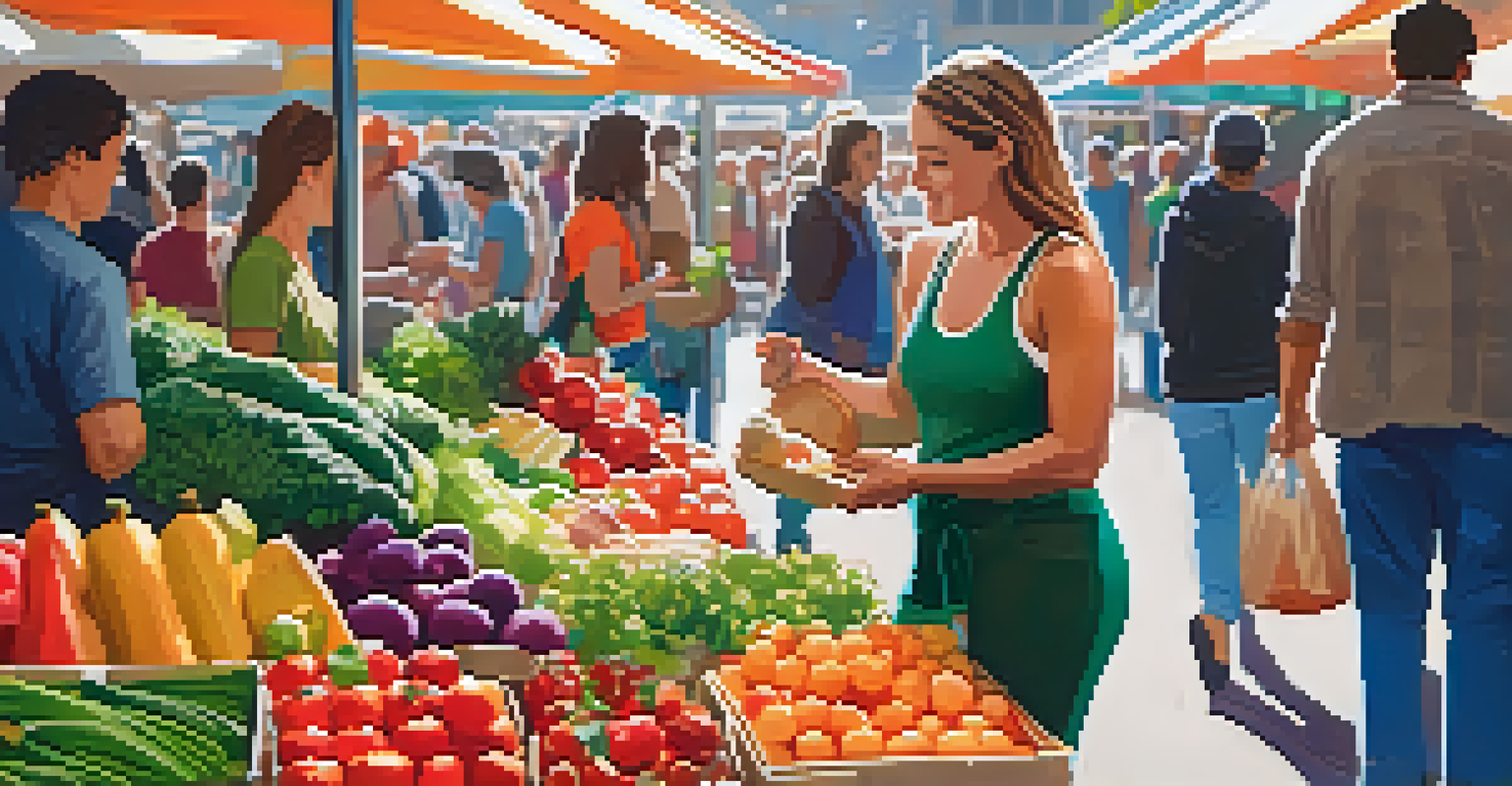 A fitness enthusiast at a farmer's market selecting fresh produce, with colorful fruits and vegetables around, and a friendly vendor.