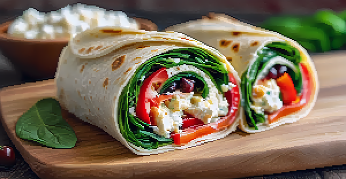 A Mediterranean wrap filled with hummus, roasted red peppers, feta cheese, and spinach, cut in half and placed on a wooden board.
