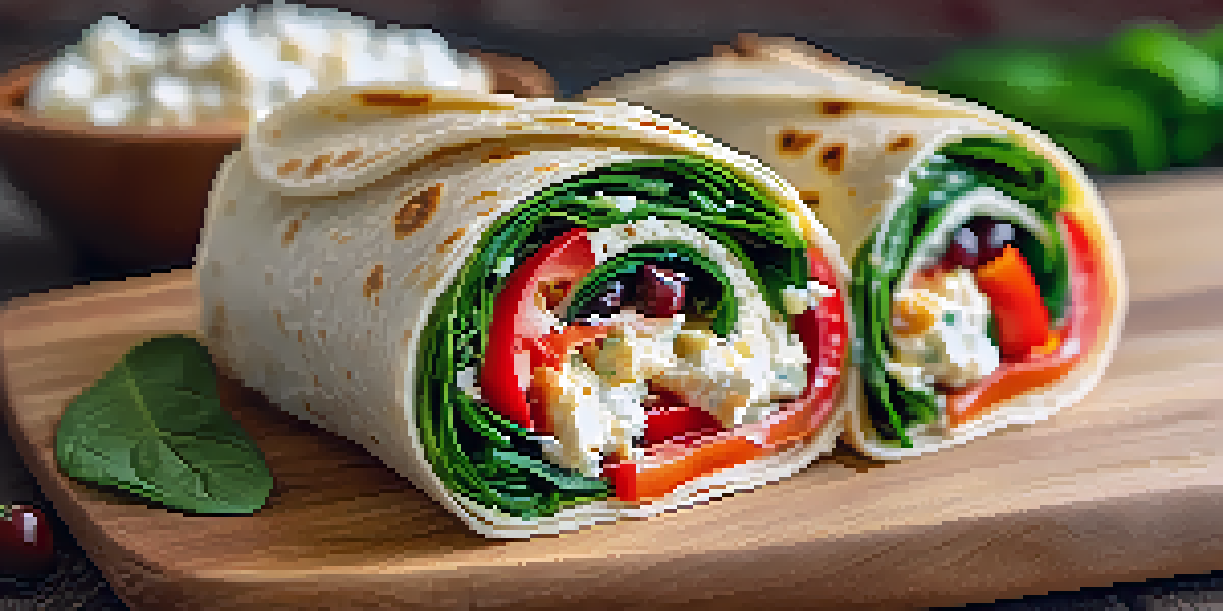 A Mediterranean wrap filled with hummus, roasted red peppers, feta cheese, and spinach, cut in half and placed on a wooden board.