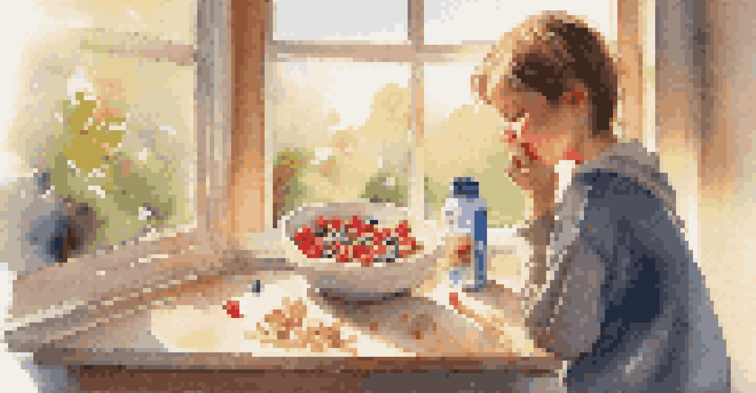 A student enjoying a nutritious breakfast of oatmeal with berries in a warm, sunlit breakfast nook.
