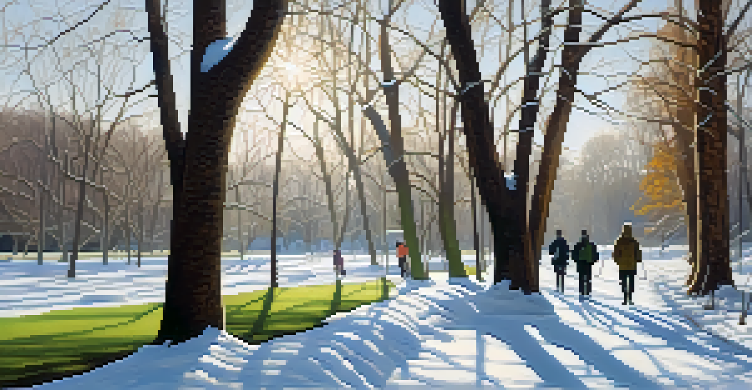 A sunny winter park scene with people enjoying outdoor activities on a snow-dusted ground.