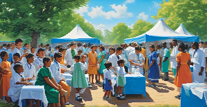 A group of children from diverse backgrounds receiving vaccinations in a healthcare camp with colorful tents and healthcare workers.
