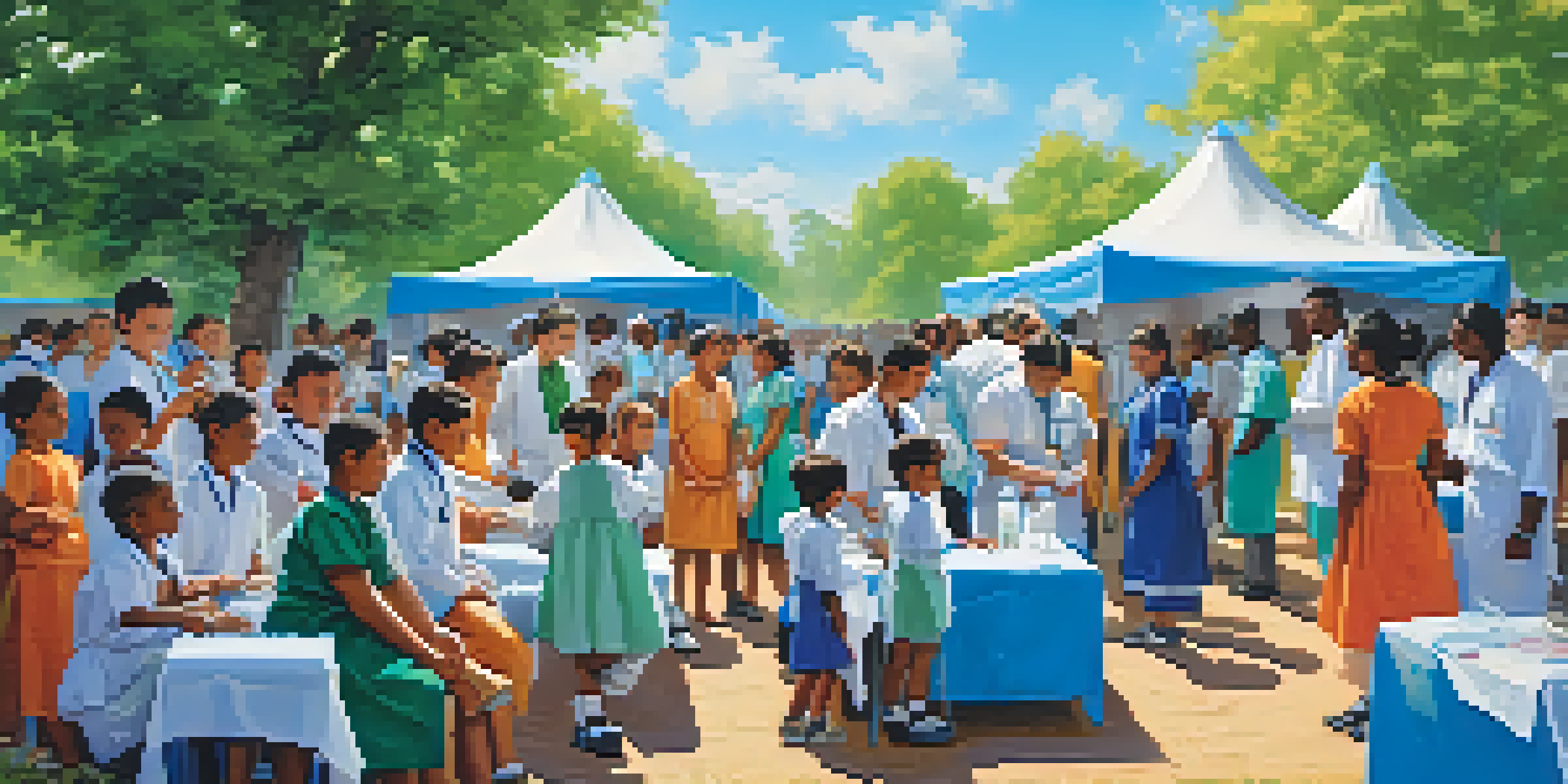 A group of children from diverse backgrounds receiving vaccinations in a healthcare camp with colorful tents and healthcare workers.