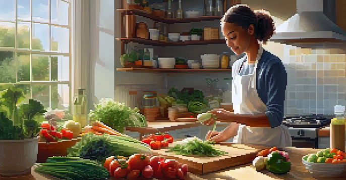 A caregiver in a bright kitchen preparing a meal with fresh vegetables and allergen-free labeled ingredients, with sunlight streaming through the window.