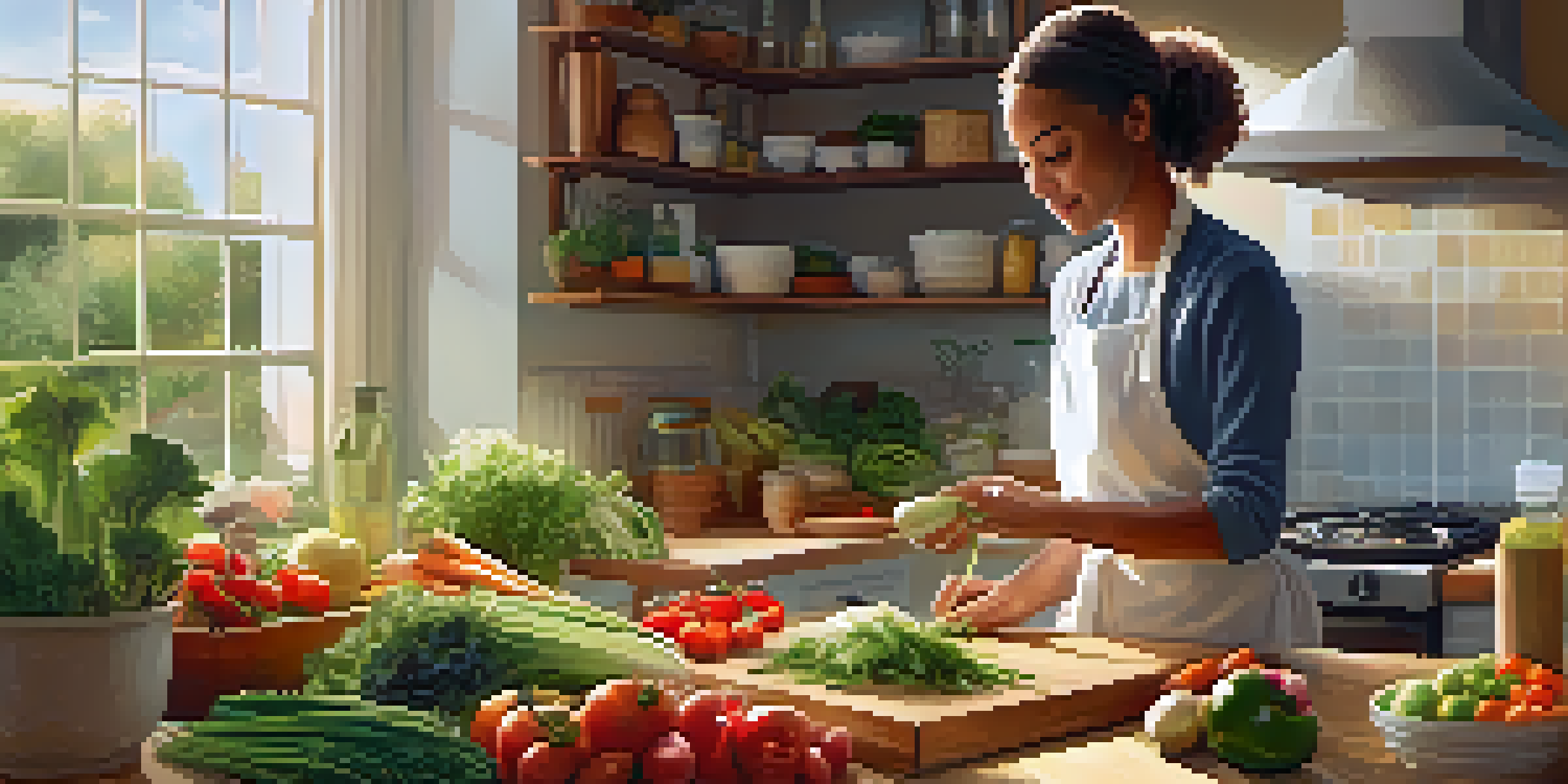 A caregiver in a bright kitchen preparing a meal with fresh vegetables and allergen-free labeled ingredients, with sunlight streaming through the window.