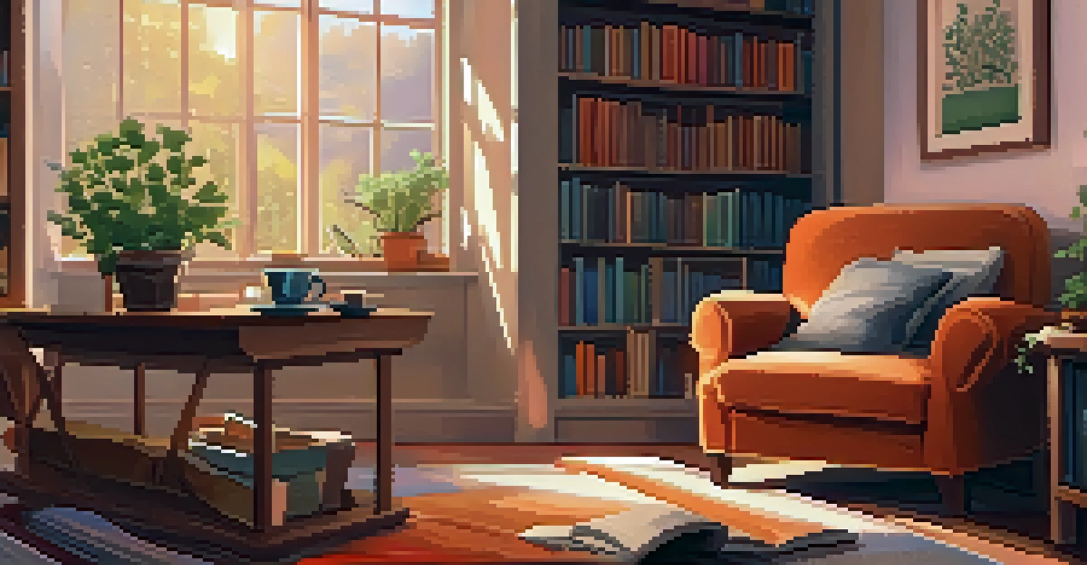 A cozy living room with an armchair, a cup of tea, and a warm blanket, creating a relaxing atmosphere.