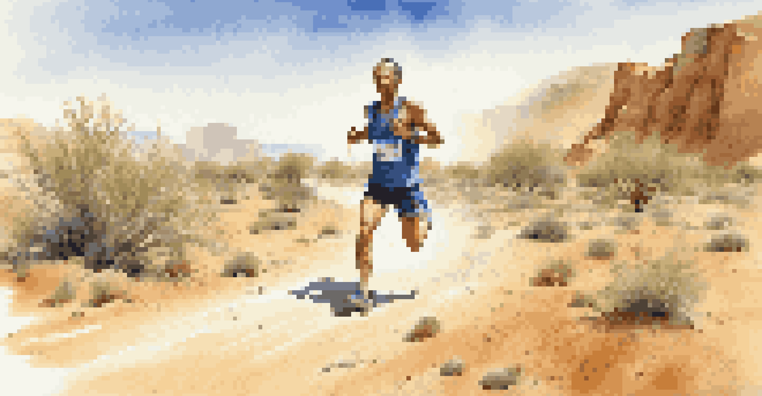 A determined marathon runner in a desert, showcasing the importance of hydration in hot conditions with visible sweat and a vibrant blue sky.