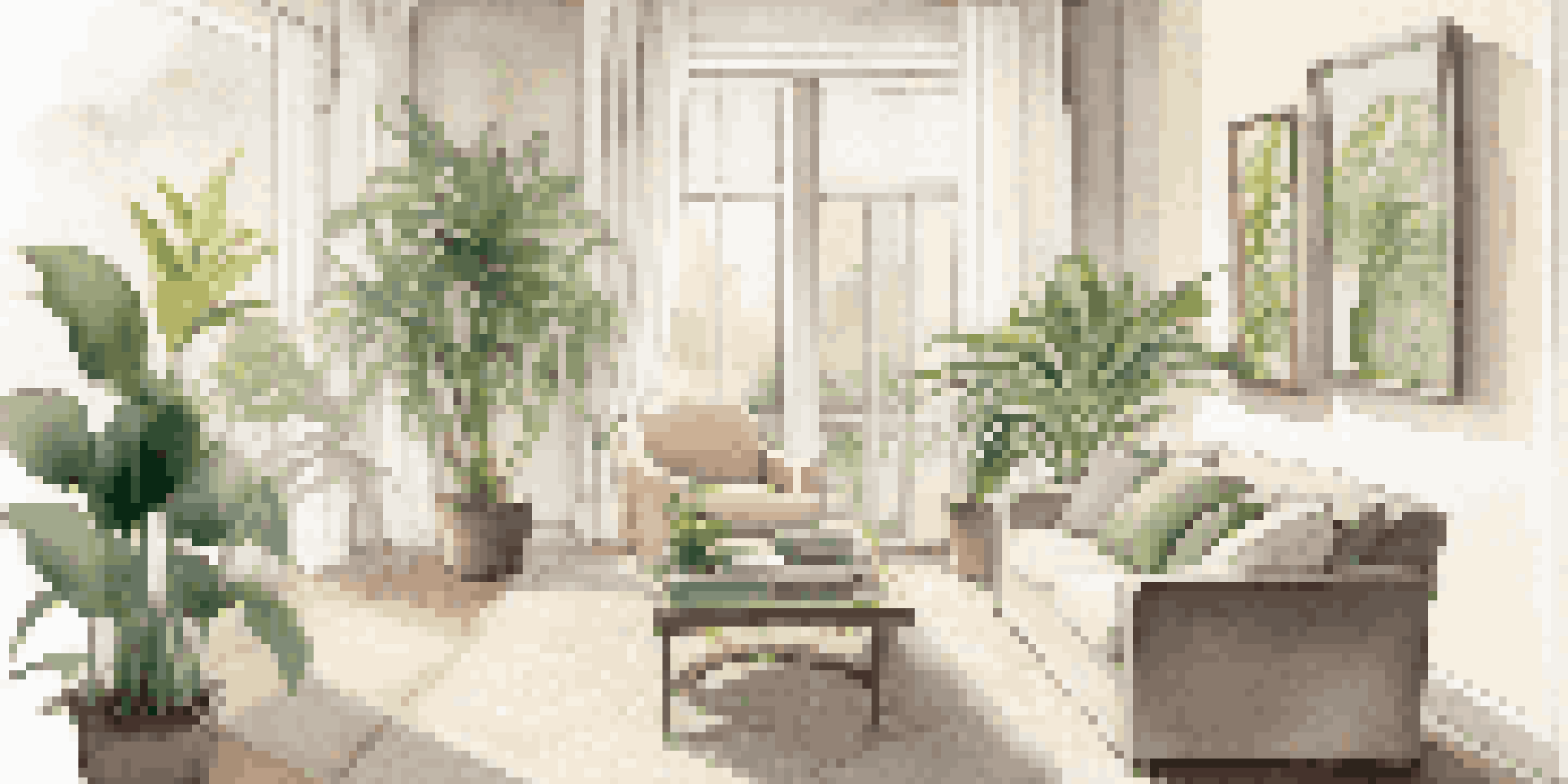 A bright living room with large windows, indoor plants, and a cozy reading nook, showcasing a warm, inviting atmosphere.