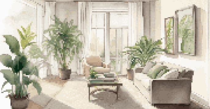 A bright living room with large windows, indoor plants, and a cozy reading nook, showcasing a warm, inviting atmosphere.