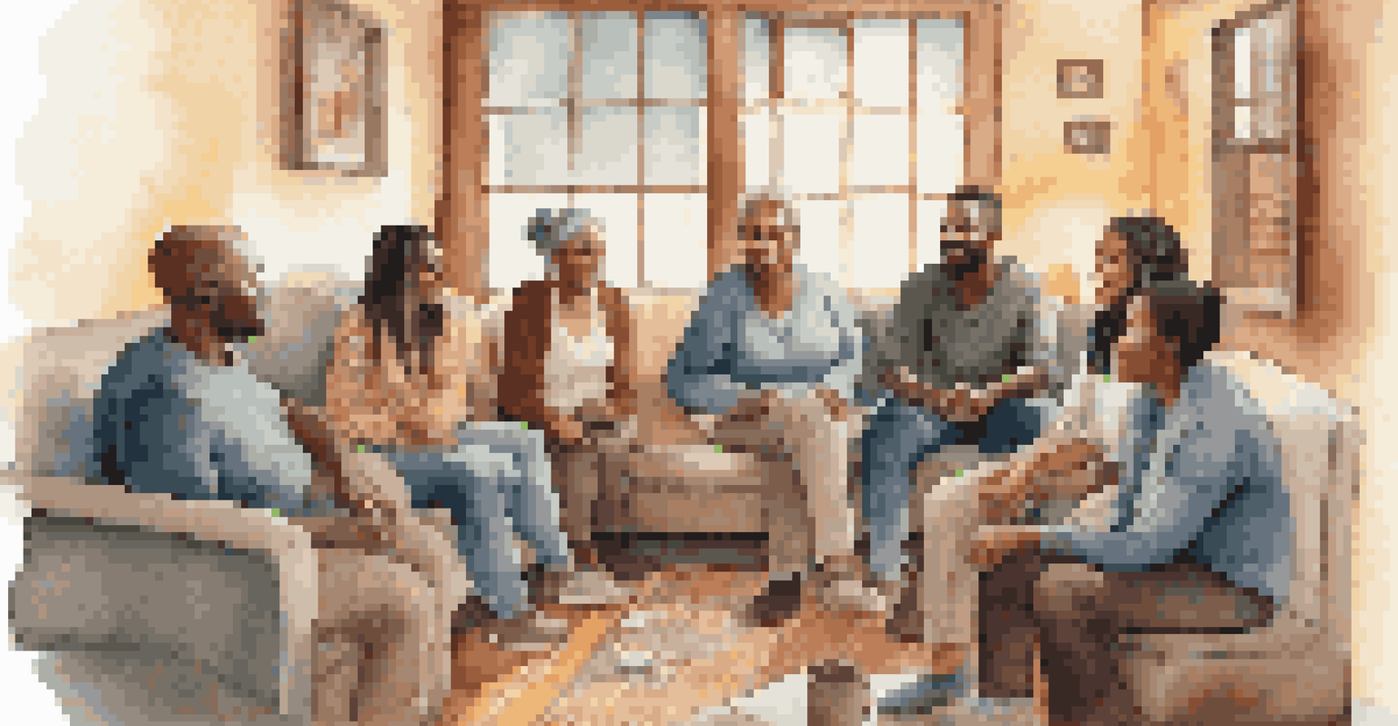 A group of individuals in a cozy room sharing stories, depicting community and support during a retreat.