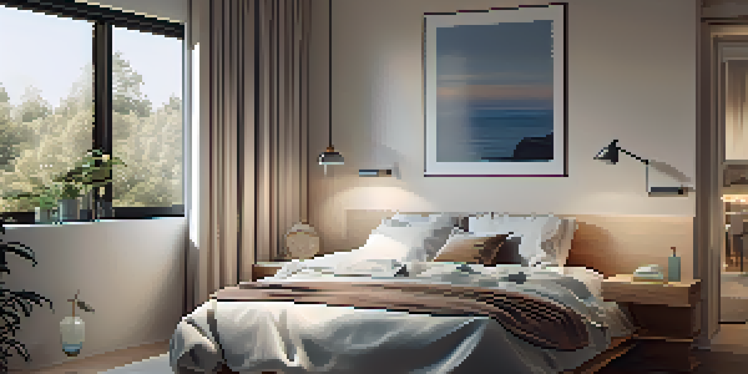 A peaceful bedroom with a neatly made bed, soft colors, blackout curtains, and a nightstand with a book and lamp, designed for good sleep hygiene.