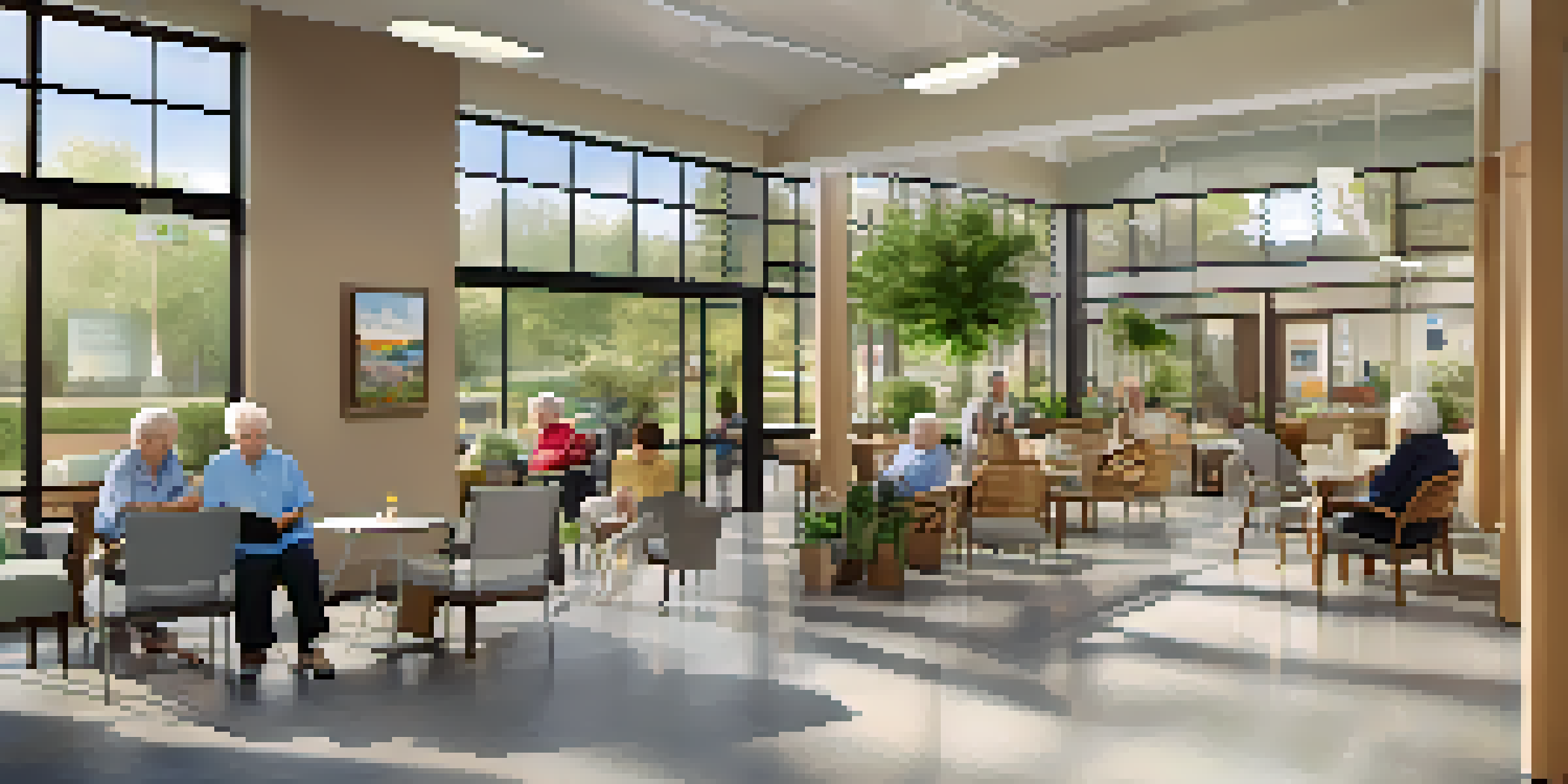 A welcoming community health center for seniors with accessible pathways and engaging activities.