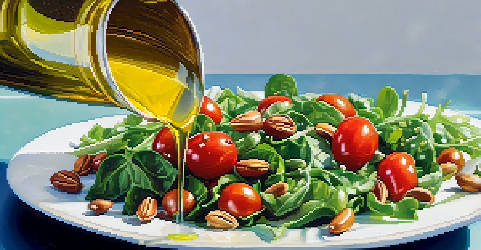 Close-up of olive oil being poured over a fresh salad with greens, tomatoes, and nuts, emphasizing the vibrant colors and textures.
