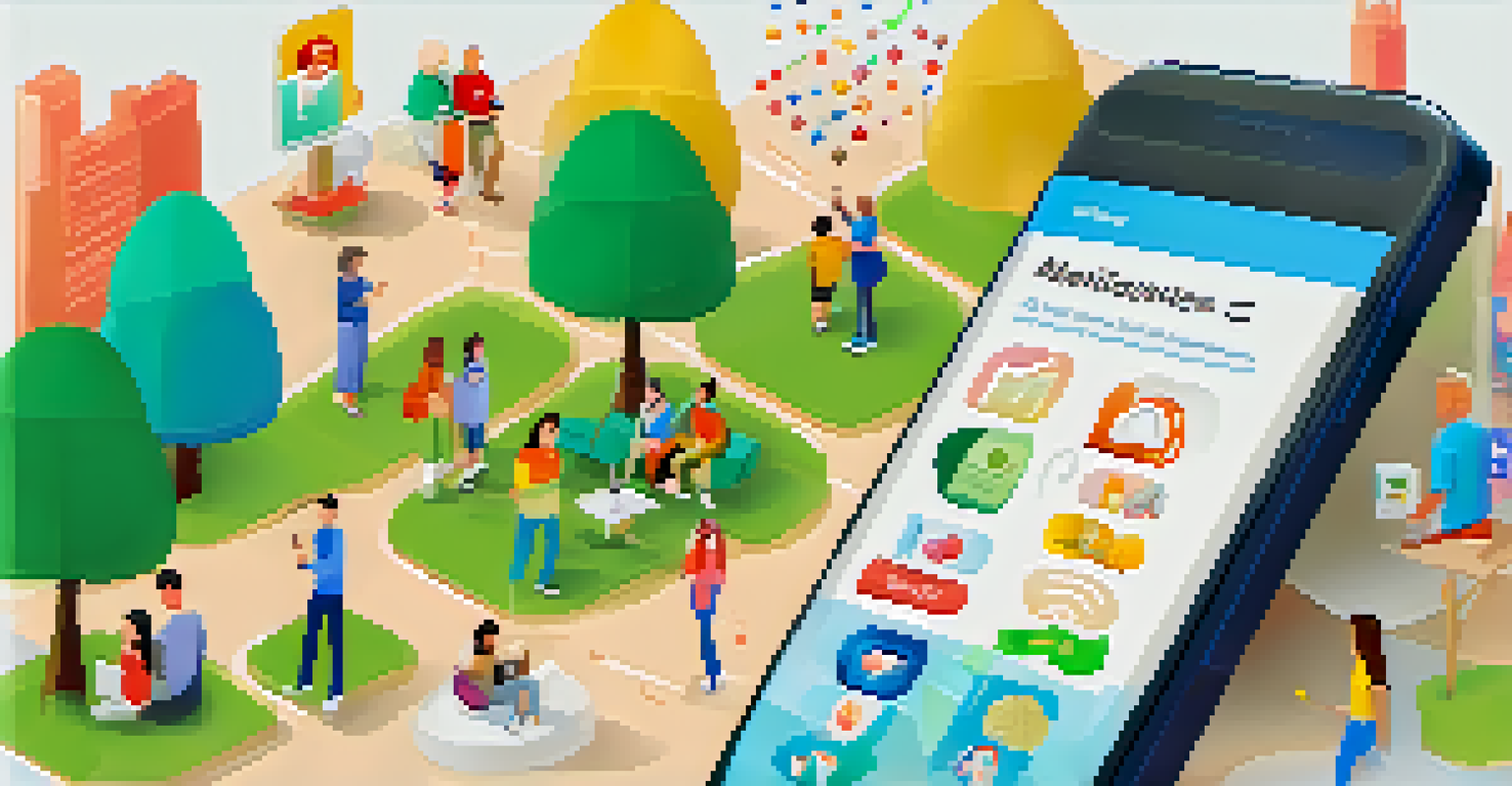 A smartphone displaying a mobile health application with resources in multiple languages, set against a backdrop of diverse individuals in a park.