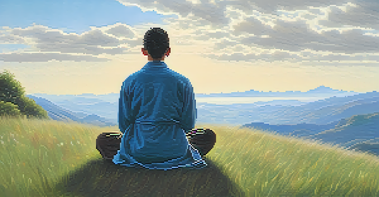 A person practicing mindfulness outdoors, sitting cross-legged on a grassy hill with a serene expression and a beautiful landscape in the background.