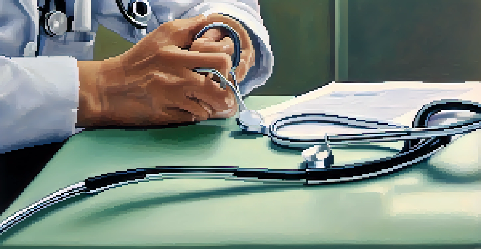 A doctor's hand holding a stethoscope with a patient in the background, creating a warm healthcare environment.