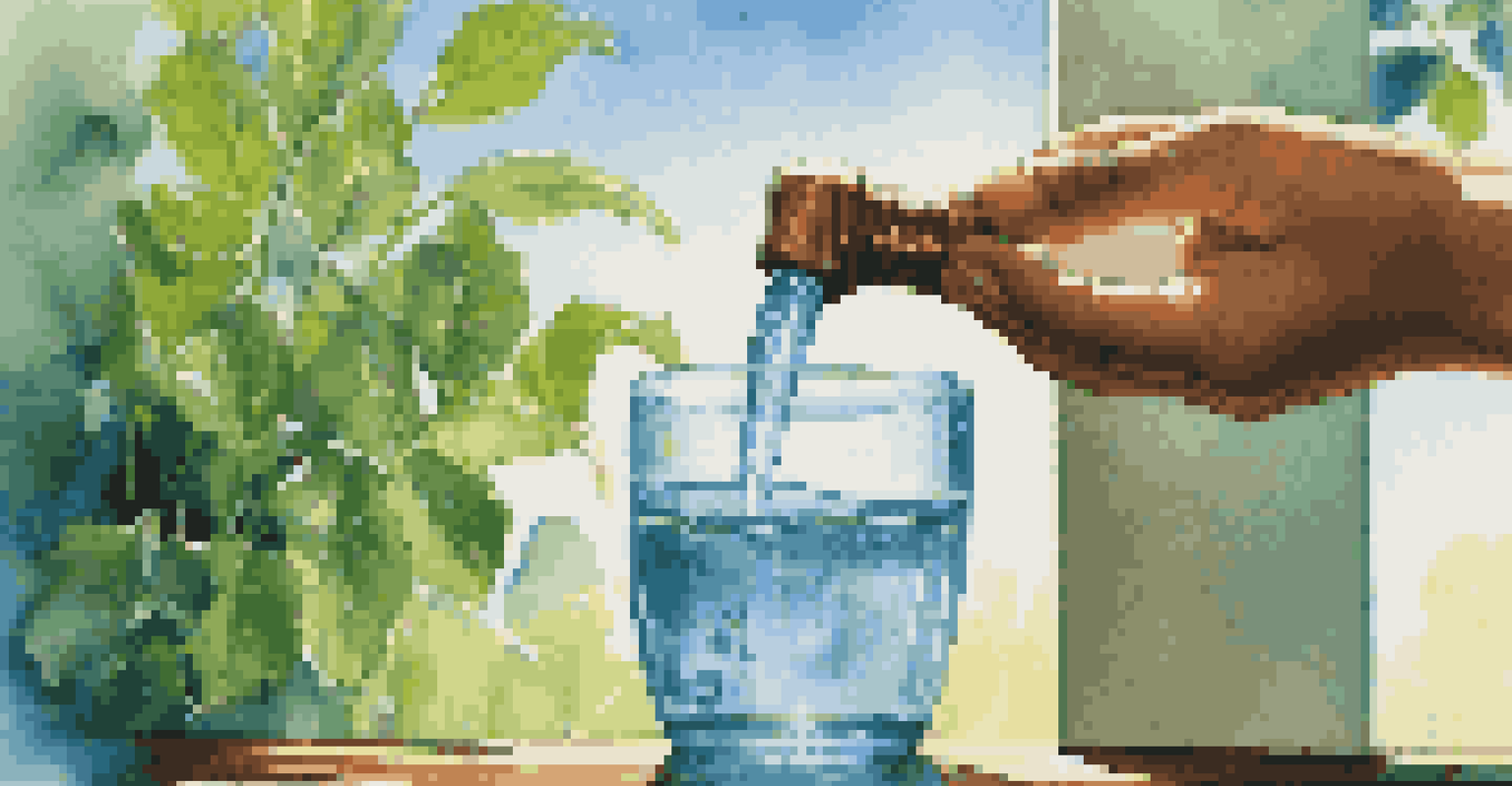 Close-up of clean water flowing from a tap into a glass surrounded by green plants under a bright blue sky.