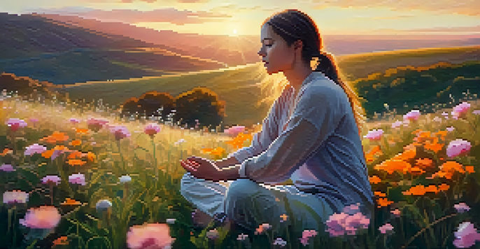 A person meditating on a grassy hill at sunset, surrounded by wildflowers, radiating peace and mindfulness.
