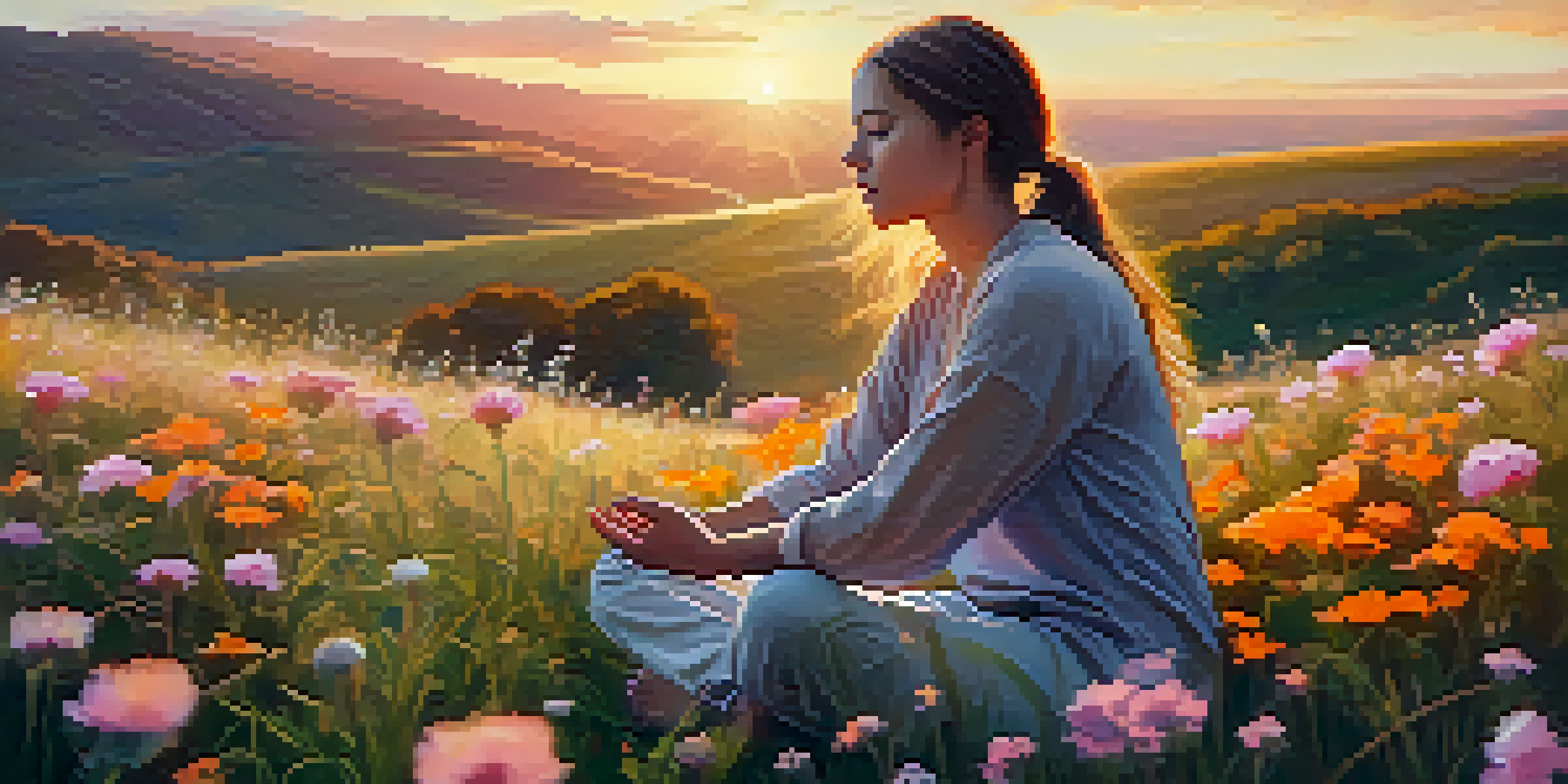 A person meditating on a grassy hill at sunset, surrounded by wildflowers, radiating peace and mindfulness.