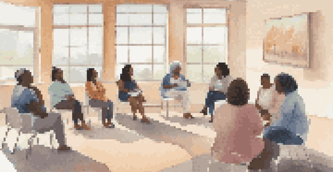 A group of women participating in a community health workshop, discussing menopause in a bright and welcoming room.