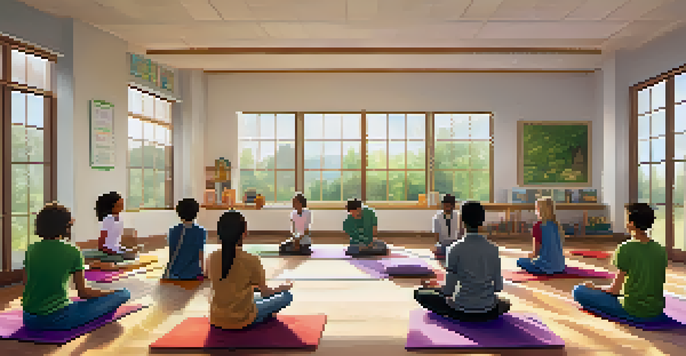 A diverse group of students sitting in a circle on colorful mats in a bright classroom, practicing mindfulness meditation with eyes closed and calm expressions.
