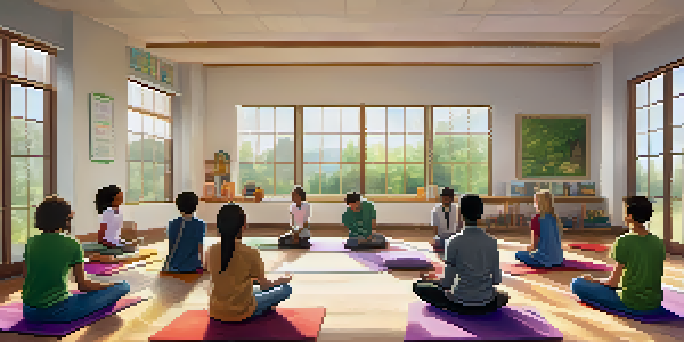 A diverse group of students sitting in a circle on colorful mats in a bright classroom, practicing mindfulness meditation with eyes closed and calm expressions.
