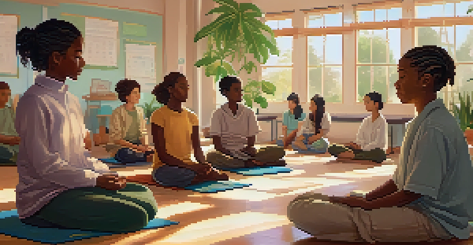 A bright classroom where students are practicing mindfulness together, some meditating and others discussing their feelings.