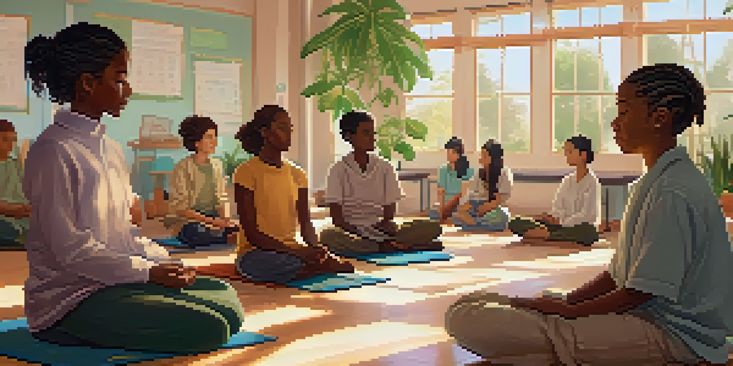 A bright classroom where students are practicing mindfulness together, some meditating and others discussing their feelings.