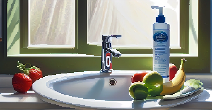 A toothbrush and toothpaste on a bathroom sink with fresh fruits and vegetables around, emphasizing healthy oral hygiene for diabetes management.
