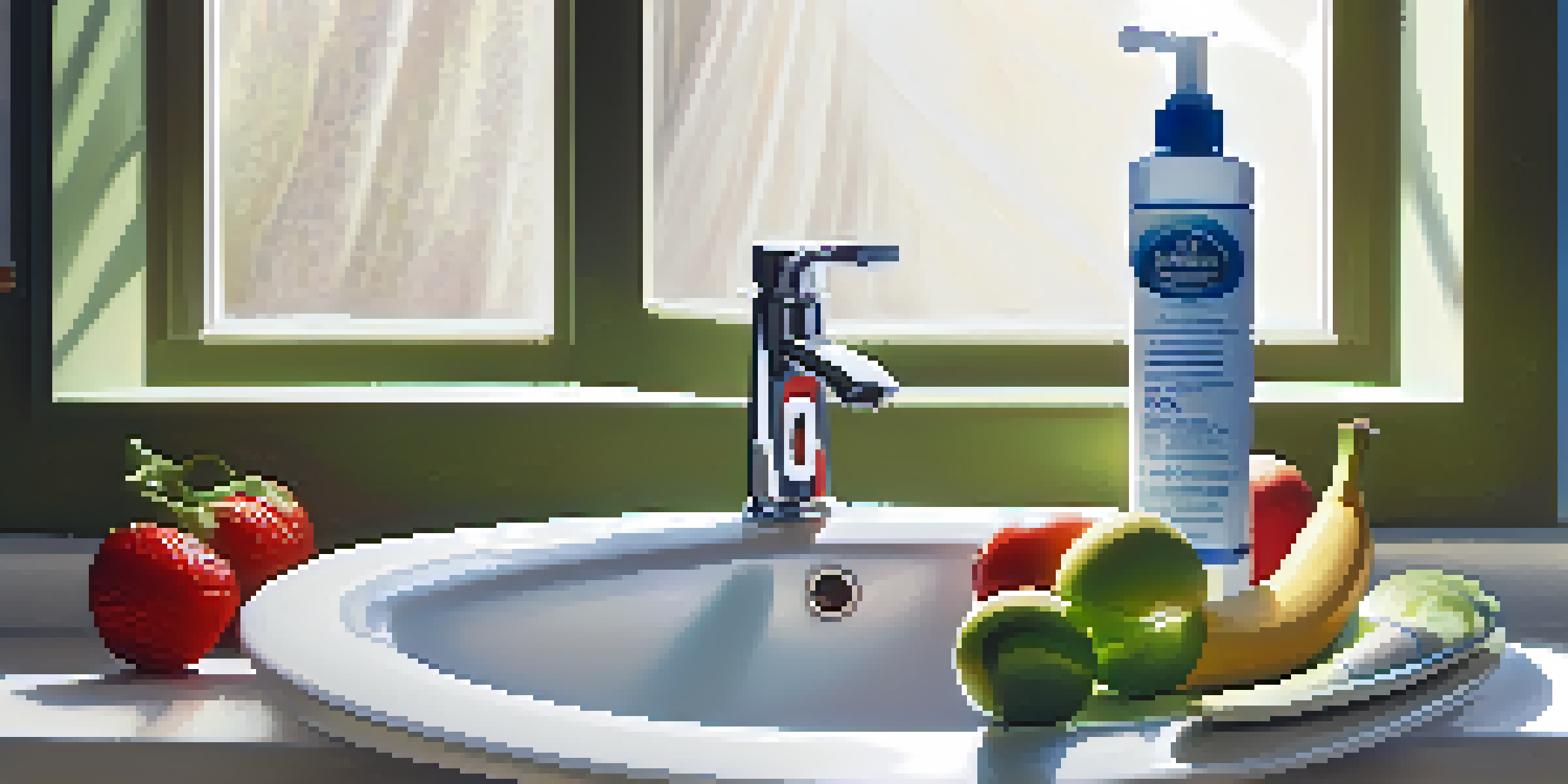 A toothbrush and toothpaste on a bathroom sink with fresh fruits and vegetables around, emphasizing healthy oral hygiene for diabetes management.