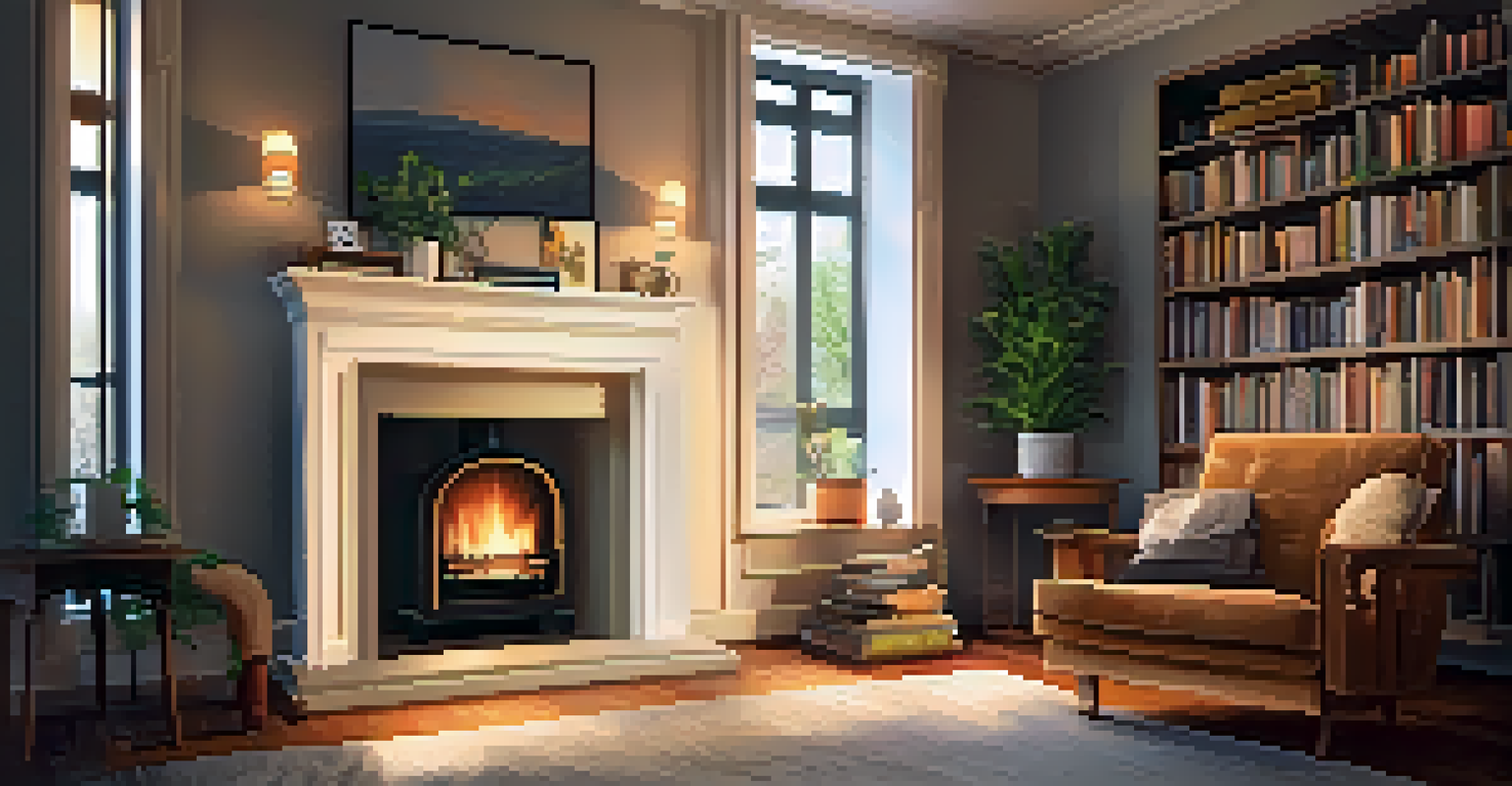 A cozy living room with a person reading by a fireplace, surrounded by books and warm lighting.