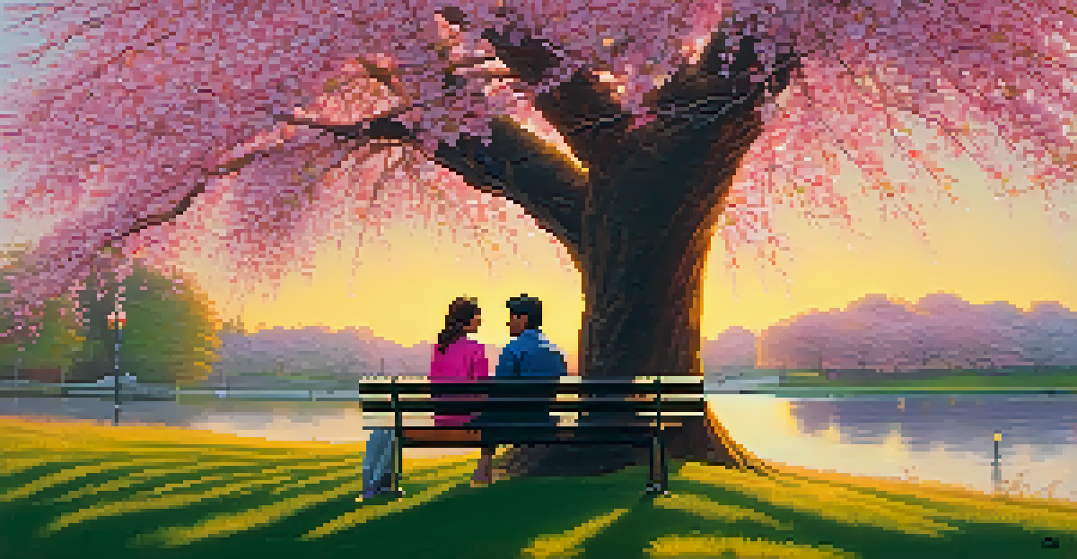 Two friends sitting on a park bench under a cherry blossom tree, talking and supporting each other, with pink flowers and a sunset in the background.