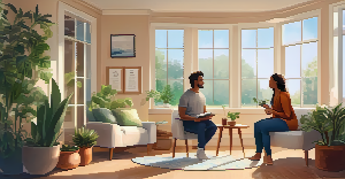 A health coach and client engaged in a supportive conversation in a cozy room filled with plants and healthy snacks.