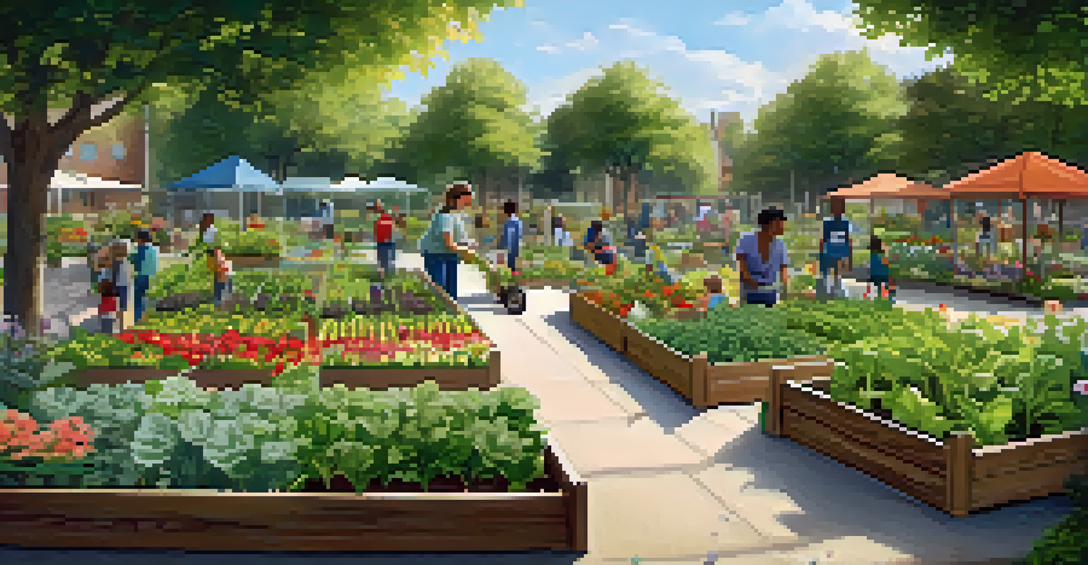 A vibrant community garden with people planting and watering, under sunlight filtering through the leaves, and a sign saying 'Community Garden - Grow Together'.
