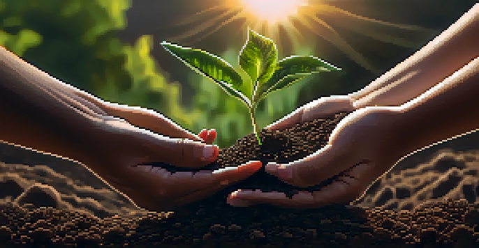 Hands planting seeds in soil with green plants growing around, symbolizing nurturing relationships.