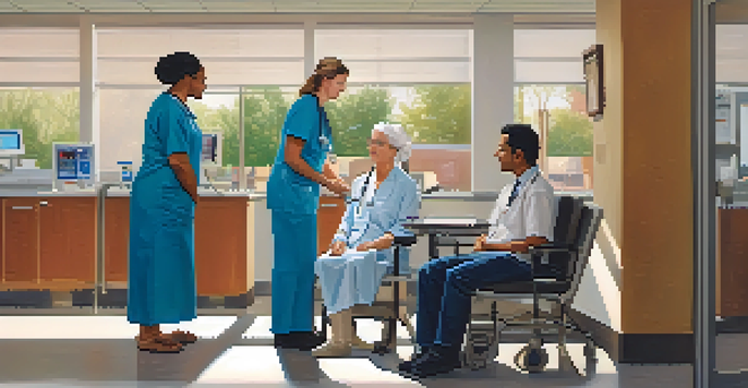 A healthcare environment showing a nurse explaining a screening process to a woman while another man has his blood pressure checked, with warm lighting and a friendly atmosphere.