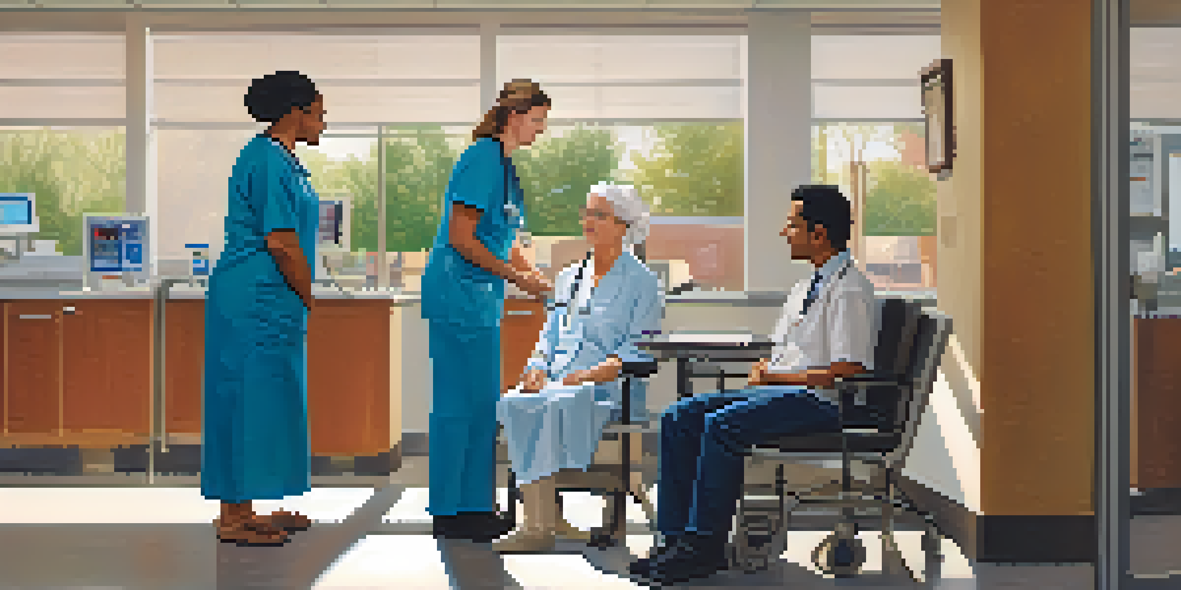 A healthcare environment showing a nurse explaining a screening process to a woman while another man has his blood pressure checked, with warm lighting and a friendly atmosphere.