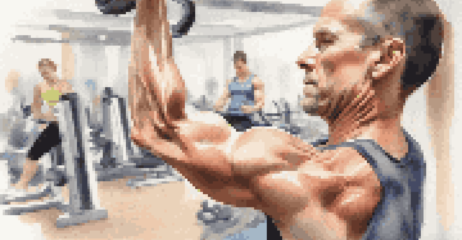 A fitness instructor demonstrating a mobility exercise with a close-up on their arm and shoulder, gym equipment in the blurred background.