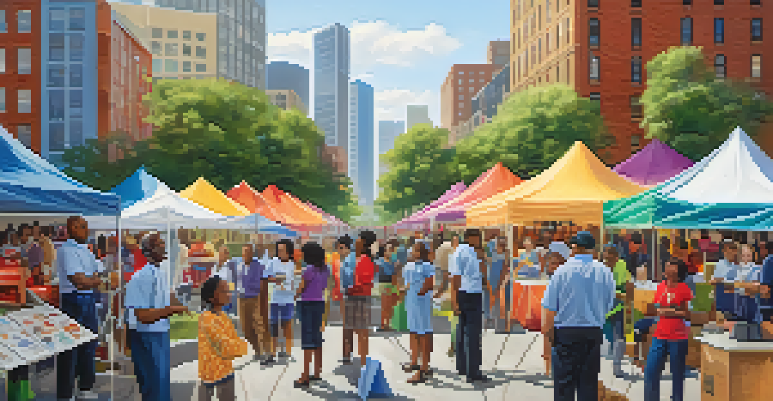 A lively urban health fair with colorful tents, healthcare professionals interacting with diverse community members.