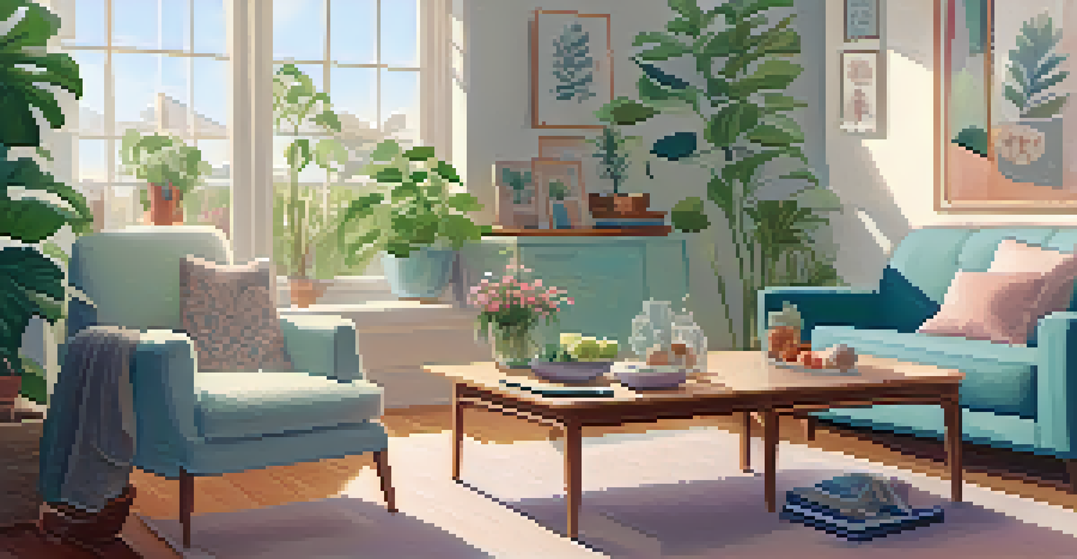 A woman reading a book about osteoporosis in a bright living room filled with plants and healthy snacks.