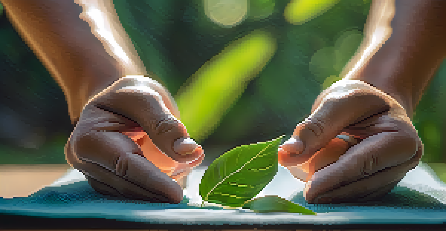 Close-up of an athlete's hands in a mudra position surrounded by greenery and soft sunlight.