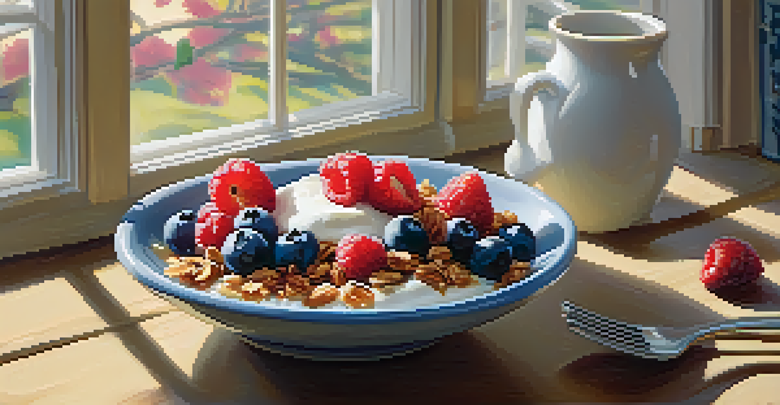 A bowl of yogurt with berries and granola on a wooden table, illuminated by sunlight.