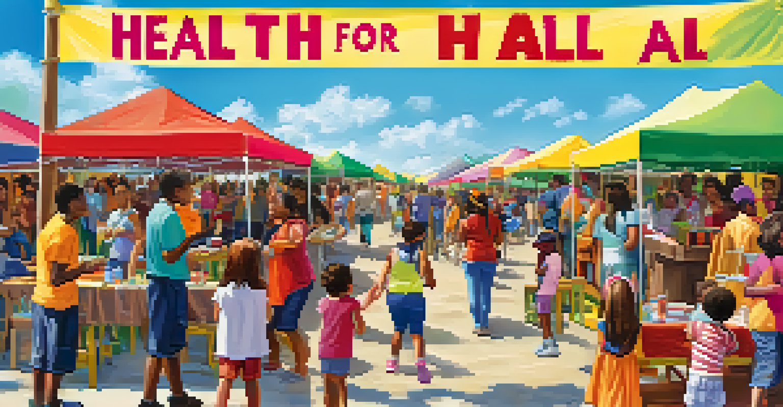 A lively outdoor community event promoting health literacy with families engaging in activities and colorful booths.