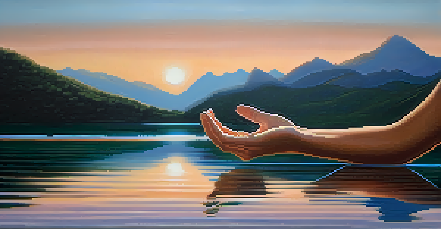 Close-up of hands in a meditative gesture against a serene lake and mountain backdrop.