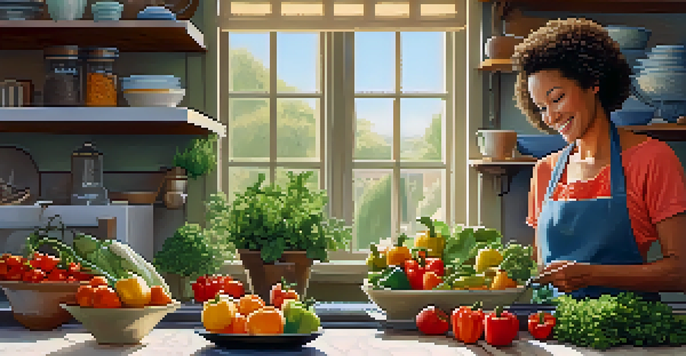 A middle-aged woman in a cozy kitchen preparing a healthy meal with colorful ingredients and sunlight streaming through the window.