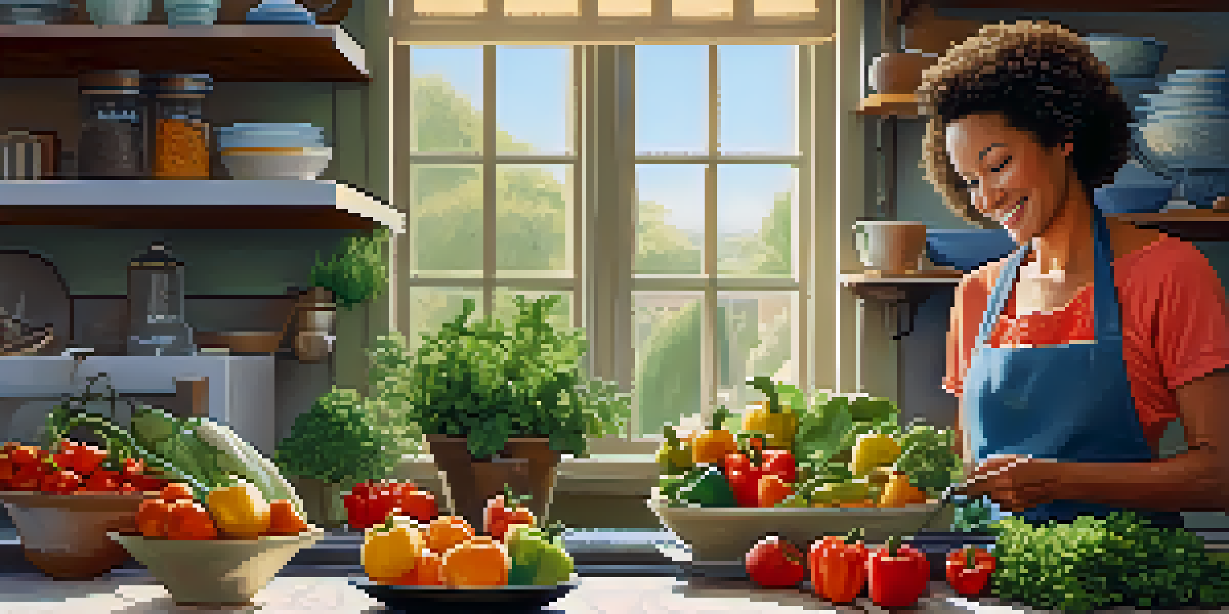 A middle-aged woman in a cozy kitchen preparing a healthy meal with colorful ingredients and sunlight streaming through the window.