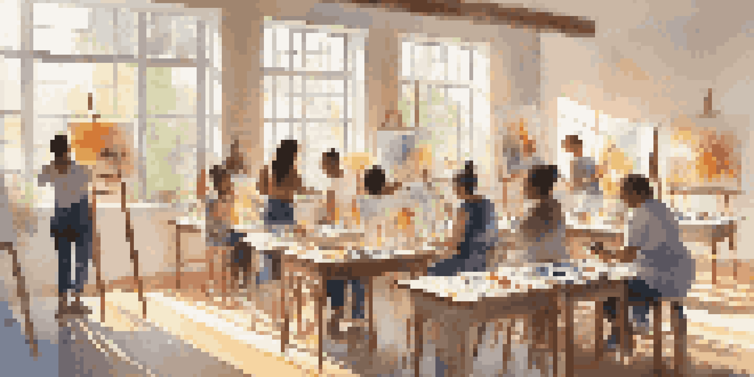 A community art class with diverse participants painting in a sunlit studio, surrounded by colorful artworks and bright natural light.